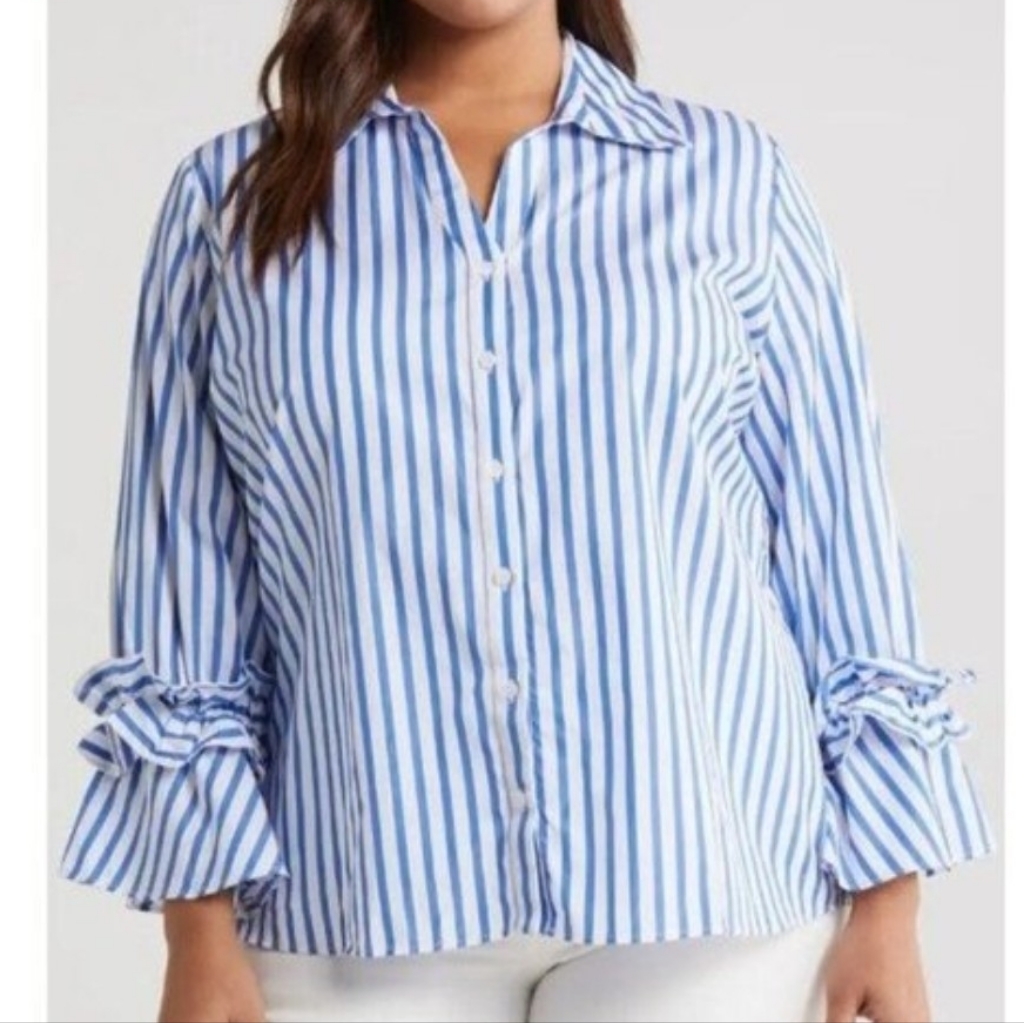 Women's Vibra Blue/White Striped Button Down Ruffle Sleeve Shirt Sz40 Tall (Xxl)